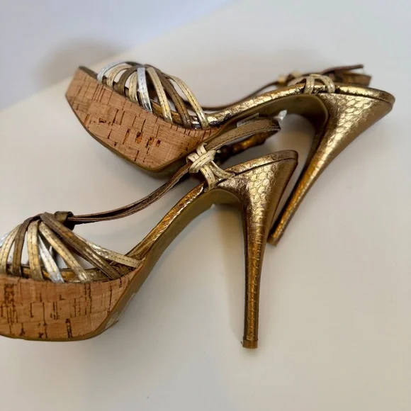 BCBG Gold Strappy Cork Platform Heels, Size 7 - Picture 11 of 11